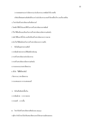 12

3 การผสมผสานระหว่างจิตรกรรม ประติมากรรม ภาพพิมพ์ หรื อวาดเส้น
ั
4 ศิลปะที่ผสมผสานสัมพันธ์กนระหว่างประติมากรรม ดนตรี ลีลาเคลื่อนไหว และสิ่ งแวดล้อม
6. ใครกาลังสร้างสรรค์ผลงานด้วยสี เอกรงค์
1 โชคชัย ใช้สีน้ าเงินและสี ฟ้าในการสร้างสรรค์ผลงานภาพพิมพ์
2 วิไล ใช้สีเหลืองและสี แดงในการสร้างสรรค์ผลงานจิตรกรรมฝาผนัง
3 สมัย ใช้สีแดง สี น้ าเงิน และสี เหลืองสร้างสรรค์ผลงานการวาดภาพ
4 ประไพ ใช้เพียงดินสอในการสร้างสรรค์ผลงานการวาดเส้น
7.

ข้อใดคืออุตสาหกรรมศิลป์

่
1 การพิมพ์ภาพจากกรรมวิธีพิมพ์ผานช่องฉลุ
2 การสร้างสรรค์ผลงานประติมากรรม
3 การสร้างสรรค์ผลงานจิตรกรรมฝาผนัง
4 การออกแบบงานสถาปั ตยกรรม
8. ข้อใด ไม่ ใช่ วจิตรศิลป์
ิ
1 จิตรกรรม 2 สถาปั ตยกรรม
3 การแสดงละคร 4 การแสดงดนตรี

9. ข้อใดเป็ นศิลปะพื้นบ้าน
1 การพิมพ์ภาพ 2 การวาดภาพ
3 การทอผ้า 4 การปั้ น

10. ใครกาลังสร้างสรรค์ผลงานศิลปะแบบ Abstract
1 ชุลีกร กาลังโกรธ จึงนาดินสอมาขีดกระดาษไปตามอารมณ์ของตนเอง

 