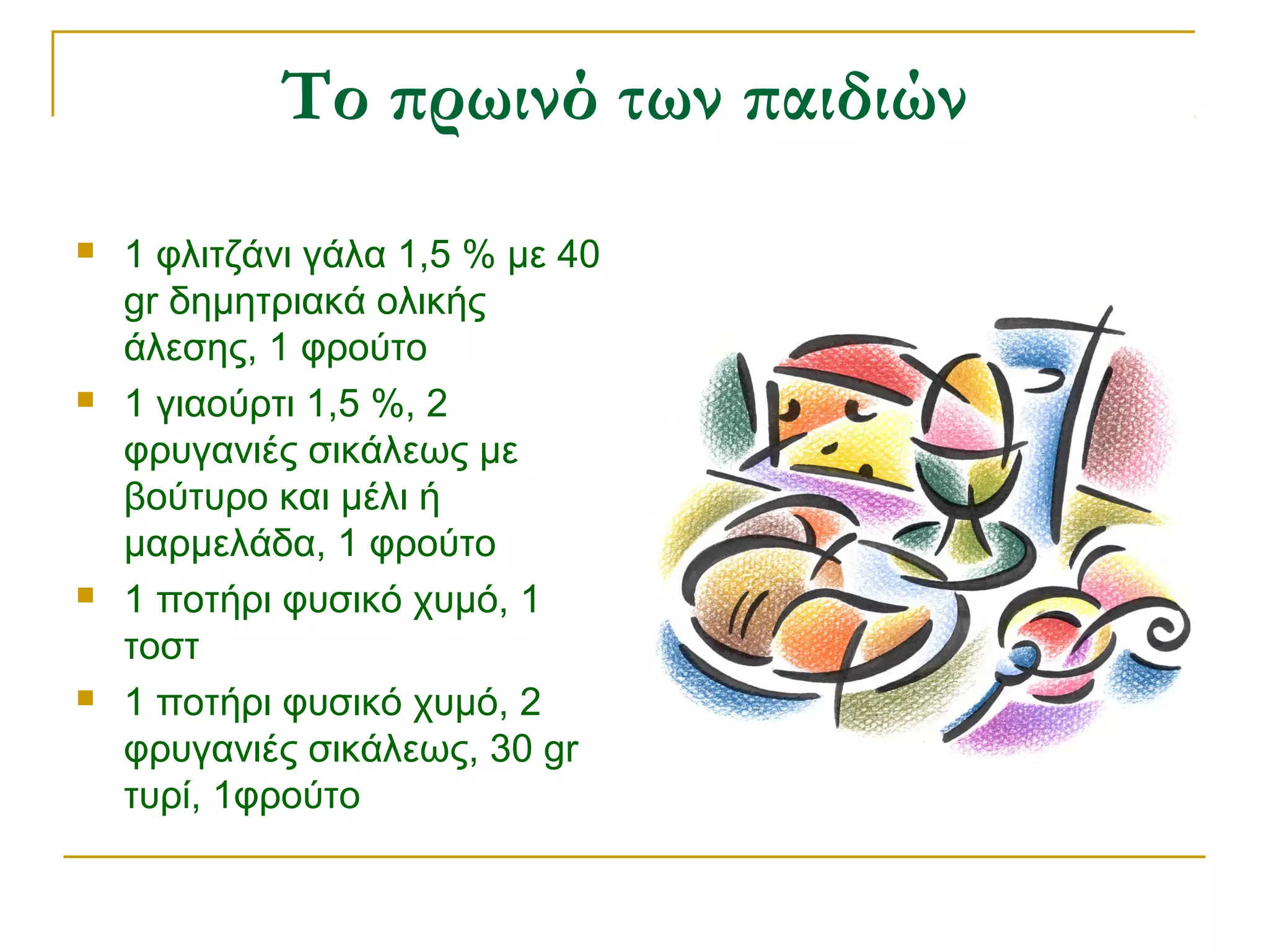 Το πρωινό των παιδιών








1 φλιτζάνι γάλα 1,5 % με 40
gr δημητριακά ολικής
άλεσης, 1 φρούτο
1 γιαούρτι 1,5 %, 2
φρυγανιές σικάλεως με
βούτυρο και μέλι ή
μαρμελάδα, 1 φρούτο
1 ποτήρι φυσικό χυμό, 1
τοστ
1 ποτήρι φυσικό χυμό, 2
φρυγανιές σικάλεως, 30 gr
τυρί, 1φρούτο

 