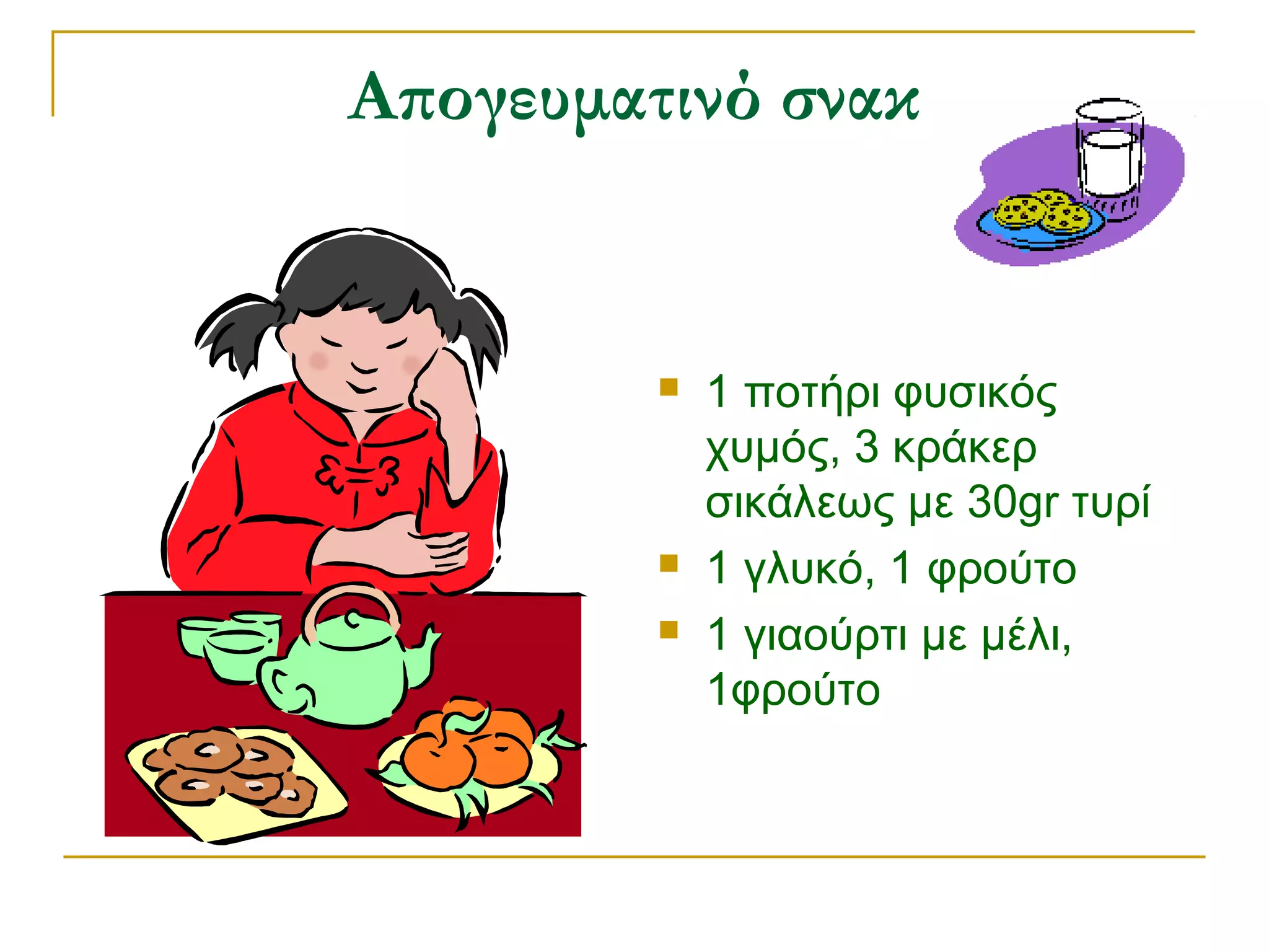 Απογευματινό σνακ






1 ποτήρι φυσικός
χυμός, 3 κράκερ
σικάλεως με 30gr τυρί
1 γλυκό, 1 φρούτο
1 γιαούρτι με μέλι,
1φρούτο

 