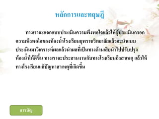 หลักการและทฤษฎี
ทางเราจะแจกแบบประเมินความพึงพอใจแล้ วให้ ผ้ ูประเมินกรอก
ความพึงพอใจของห้ องนาโรงเรี ยนยุพราชวิทยาลัยแล้ วจะนาแบบ
้
ประเมินมาวิเคราะห์ ผลแล้ วนาผลทีเ่ ป็ นทางด้ านเสี ยนาไปปรับปรุ ง
ห้ องนาให้ ดีขึน ทางเราจะประสานงานกับทางโรงเรียนถึงสาเหตุ แล้ วให้
้
้
ทางโรงเรี ยนแก้ ปัญหาสาเหตุทเี่ กิดขึน
้

สารบัญ

 