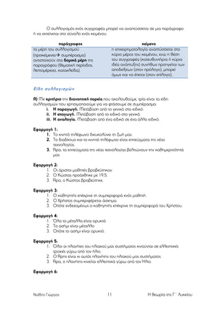 Ο συλλογισµός ενός συγγραφέα µπορεί να αναπτύσσεται σε µια παράγραφο
ή να εκτείνεται στο σύνολο ενός κειµένου.
παράγραφος
τα µέρη του συλλογισµού
(προκείµενεςà συµπέρασµα)
αντιστοιχούν στα δοµικά µέρη της
παραγράφου (θεµατική περίοδος,
λεπτοµέρειες, κατακλείδα).

κείµενο
η επιχειρηµατολογία αναπτύσσεται στο
κύριο µέρος του κειµένου, ενώ η θέση
του συγγραφέα (κατευθυντήρια ή κύρια
ιδέα ανάπτυξης) συνήθως προηγείται των
αποδείξεων (στον πρόλογο), µπορεί
όµως και να έπεται (στον επίλογο).

Είδη συλλογισµών
Α) Με κριτήριο την διανοητική πορεία που ακολουθούµε, τρία είναι τα είδη
συλλογισµών που χρησιµοποιούµε για να φτάσουµε σε συµπέρασµα:
i. Η παραγωγή. Μετάβαση από το γενικό στο ειδικό.
ii. Η επαγωγή. Μετάβαση από το ειδικό στο γενικό.
iii. Η αναλογία. Μετάβαση από ένα ειδικό σε ένα άλλο ειδικό.
Εφαρµογή 1:
1. Το κινητό τηλέφωνο διευκολύνει τη ζωή µας.
2. Το διαδίκτυο και το κινητό τηλέφωνο είναι επιτεύγµατα της νέας
τεχνολογίας.
3. Άρα, τα επιτεύγµατα της νέας τεχνολογίας βελτιώνουν την καθηµερινότητά
µας.
Εφαρµογή 2:
1. Οι άριστοι µαθητές βραβεύτηκαν.
2. Ο Κώστας προάχθηκε µε 19,5.
3. Άρα, ο Κώστας βραβεύτηκε.
Εφαρµογή 3:
1. Ο καθηγητής επέκρινε τη συµπεριφορά ενός µαθητή.
2. Ο Χρήστος συµπεριφέρεται άσχηµα.
3. Οπότε ενδεχοµένως ο καθηγητής επέκρινε τη συµπεριφορά του Χρήστου.
Εφαρµογή 4:
1. Όλα τα µέταλλα είναι ορυκτά
2. Το ασήµι είναι µέταλλο
3. Οπότε το ασήµι είναι ορυκτό.
Εφαρµογή 5:
1. Όλοι οι πλανήτες του ηλιακού µας συστήµατος κινούνται σε ελλειπτικές
τροχιές γύρω από τον ήλιο.
2. Ο Άρης είναι κι αυτός πλανήτης του ηλιακού µας συστήµατος.
3. Άρα, ο πλανήτης κινείται ελλειπτικά γύρω από τον Ήλιο.
Εφαρµογή 6:

Ναΐδης Γιώργος

11

Η θεωρία της Γ΄ Λυκείου

 