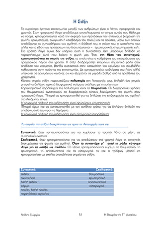 Η Στίξη
Το κυριότερο όργανο επικοινωνίας µεταξύ των ανθρώπων είναι ο λόγος, προφορικός και
γραπτός. Στον προφορικό λόγο αποδίδουµε αποτελεσµατικά το νόηµα αυτών που θέλουµε
να πούµε, χρησιµοποιώντας κατά την εκφορά των προτάσεων τον επιτονισµό (κύµανση της
φωνής, χρωµατισµός, ανύψωση ή κατέβασµα του τόνου) και τις παύσεις, µέσω των οποίων
αποδίδονται τα συναισθήµατα του οµιλητή, η διάθεσή του, η στάση του, η ψυχολογία του,
αλλά και το είδος των προτάσεων που διατυπώνονται – ερωτηµατικές, επιφωνηµατικές κτλ..
Στο γραπτό λόγο όµως δεν υπάρχει αυτή η δυνατότητα, δεν µπορούµε δηλαδή να
παραστήσουµε αυτό που δείχνει η φωνή µας. Έτσι, στη θέση του επιτονισµού,
χρησιµοποιούνται τα σηµεία της στίξης, τα οποία είναι ο καθρέφτης του ηχοχρώµατος του
προφορικού λόγου στο γραπτό. Η στίξη διαδραµατίζει εποµένως σηµαντικό ρόλο στην
απόδοση του νοήµατος, βοηθά ουσιαστικά στην κατανόηση του κειµένου και συµβάλλει
καθοριστικά στην ποιότητα της επικοινωνίας. Δε χρησιµοποιείται αυθαίρετα στο λόγο αλλά
υπακούει σε ορισµένους κανόνες, αν και εξαρτάται σε µεγάλο βαθµό από τις προθέσεις του
γράφοντος.
Κάποια σηµεία στίξης παρουσιάζουν πολυσηµία στη λειτουργία τους, δηλαδή ένα σηµείο
µπορεί να δηλώνει αρκετά διαφορετικά νοήµατα ανάλογα µε τη χρήση του.
Χαρακτηριστικό παράδειγµα της πολυσηµίας είναι το θαυµαστικό. Οι διαφορετικές χρήσεις
του θαυµαστικού αντιστοιχούν σε διαφορετικούς τύπους διακύµανσης της φωνής στον
προφορικό λόγο. Μπορεί να χρησιµοποιηθεί για να δηλώσει την επιδοκιµασία του οµιλητή
στα λεγόµενα, όπως:
Η κοινωνική πολιτική της κυβέρνησης είναι αρκούντως ικανοποιητική!
Μπορεί όµως και να χρησιµοποιηθεί µε τον αντίθετο τρόπο, για να δηλώσει δηλαδή την
αποδοκιµασία του προς τα λεγόµενα:
Η κοινωνική πολιτική της κυβέρνησης είναι πραγµατικά απαράδεκτη!

Τα σηµεία της στίξης διακρίνονται ως προς τη λειτουργία τους σε:
Συντακτικά, όταν χρησιµοποιούνται για να χωρίσουν το γραπτό λόγο σε µέρη, σε
συντακτικές ενότητες.
Σχολιαστικά, όταν χρησιµοποιούνται για να αποδώσουν στο γραπτό λόγο τις επιτονικές
διακυµάνσεις της φωνής του οµιλητή. Όταν τα συναντάµε µ’ αυτό το ρόλο, κάνουµε
λόγο για τη «στίξη ως σχόλιο». Ως τέτοια χρησιµοποιούνται κυρίως: το θαυµαστικό, το
ερωτηµατικό, τα αποσιωπητικά και τα εισαγωγικά αν και ο γράφων µπορεί να
χρησιµοποιήσει ως σχόλιο οποιοδήποτε σηµείο της στίξης.

Συντακτικά
τελεία
άνω τελεία
διπλή τελεία
κόµµα
παύλα, διπλή παύλα
παρενθέσεις, αγκύλες

Ναΐδης Γιώργος

Σχολιαστικά
θαυµαστικό
ερωτηµατικό
αποσιωπητικά
εισαγωγικά

51

Η θεωρία της Γ΄ Λυκείου

 