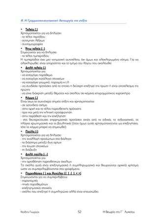 Α. Η Γραµµατικο-συντακτική λειτουργία της στίξης
• Τελεία (.)
Χρησιµοποιείται για να δηλώσει:
- το τέλος περιόδου
- σύντµηση λέξεων
- συντοµογραφίες
• Άνω τελεία (·)
Σηµειώνεται για να δηλώσει:
- το τέλος ηµιπεριόδου
Η ηµιπερίοδος έχει µεν νοηµατική αυτοτέλεια, όχι όµως και ολοκληρωµένο νόηµα. Για να
ολοκληρωθεί, είναι απαραίτητο και το τµήµα του λόγου που ακολουθεί.
• Διπλή τελεία (:)
Χρησιµοποιείται για:
- να εισαγάγει παράθεµα
- να εισαγάγει κατάλογο στοιχείων
- να εισαγάγει γνωµικό, παροιµία κ.τ.λ.
- να συνδέσει προτάσεις από τις οποίες η δεύτερη επεξηγεί την πρώτη ή είναι αποτέλεσµα της
πρώτης
- να γίνει διάκριση µεταξύ θέµατος και σχολίου σε κείµενα επιγραµµατικού χαρακτήρα
• Κόµµα (,)
Είναι ίσως το συχνότερο σηµείο στίξης και χρησιµοποιείται:
- σε ασύνδετο σχήµα
- στην αρχή και το τέλος παρενθετικής πρότασης
- πριν και µετά την κλητική προσφώνηση
- στην παράθεση και την επεξήγηση
- στις δευτερεύουσες επιρρηµατικές προτάσεις εκτός από τις ειδικές, τις ενδοιαστικές, τις
πλάγιες ερωτηµατικές και τις βουλητικές (όταν όµως αυτές χρησιµοποιούνται ως επεξηγήσεις,
τότε το κόµµα µπορεί να σηµειωθεί)
• Παύλα (-)
Χρησιµοποιείται για να δηλώσει:
- την εναλλαγή προσώπων στο διάλογο
- το διάστηµα µεταξύ δυο ορίων
- την ένωση στοιχείων
- τη διάζευξη
• Διπλή παύλα (- -)
Χρησιµοποιείται για:
- την οριοθέτηση παρενθετικών σχολίων
Τα σχόλια αυτά είναι επεξηγηµατικά ή συµπληρωµατικά και θεωρούνται αρκετά χρήσιµα
ώστε να συµπεριλαµβάνονται στα γραφόµενα.
• Παρενθέσεις ( ) και Αγκύλες ([ ] { } < >)
Σηµειώνονται για να συµπεριλάβουν:
- παραποµπές
- πηγές παραθεµάτων
- επεξηγηµατικά στοιχεία
- σχόλιο που επεξηγεί ή συµπληρώνει αλλά είναι επουσιώδες

Ναΐδης Γιώργος

52

Η θεωρία της Γ΄ Λυκείου

 