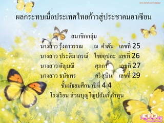 ผลกระทบเมื่อประเทศไทยก้าวสู่ ประชาคมอาเซียน
สมาชิกกลุ่ม
นางสาว รุ ้งลาวรรณ ณ คําตัน เลขที่ 25
นางสาว ประติมาภรณ์ ไชยอุปละ เลขที่ 26
นางสาว อัญมณี
ศุภกา เลขที่ 27
นางสาว ธนัชพร
ศรี สุบิน เลขที่ 29
ชั้นมัธยมศึกษาปี ที่ 4/4
โรงเรี ยน ส่ วนบุญโญปถัมภ์ ลําพูน

 