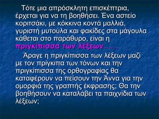 Τότε μια απρόσκλητη επισκέπτρια,
έρχεται για να τη βοηθήσει. Ένα αστείο
κοριτσάκι, με κόκκινα κοντά μαλλιά,
γυριστή μυτούλα και φακίδες στα μάγουλα
κάθεται στο παράθυρο, είναι η
πριγκίπισσα των λέξεων ……
Άραγε η πριγκίπισσα των λέξεων μαζί
με τον πρίγκιπα των τόνων και την
πριγκίπισσα της ορθογραφίας θα
καταφέρουν να πείσουν την Άννα για την
ομορφιά της γραπτής έκφρασης; Θα την
βοηθήσουν να καταλάβει τα παιχνίδια των
λέξεων;

 