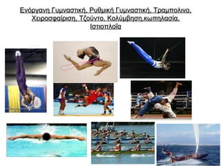 Ενόργανη Γυμναστική, Ρυθμική Γυμναστική, Tραμπολινο,
Χειροσφαίριση, Τζούντο, Κολύμβηση,κωπηλασία,
Ιστιοπλοΐα

 