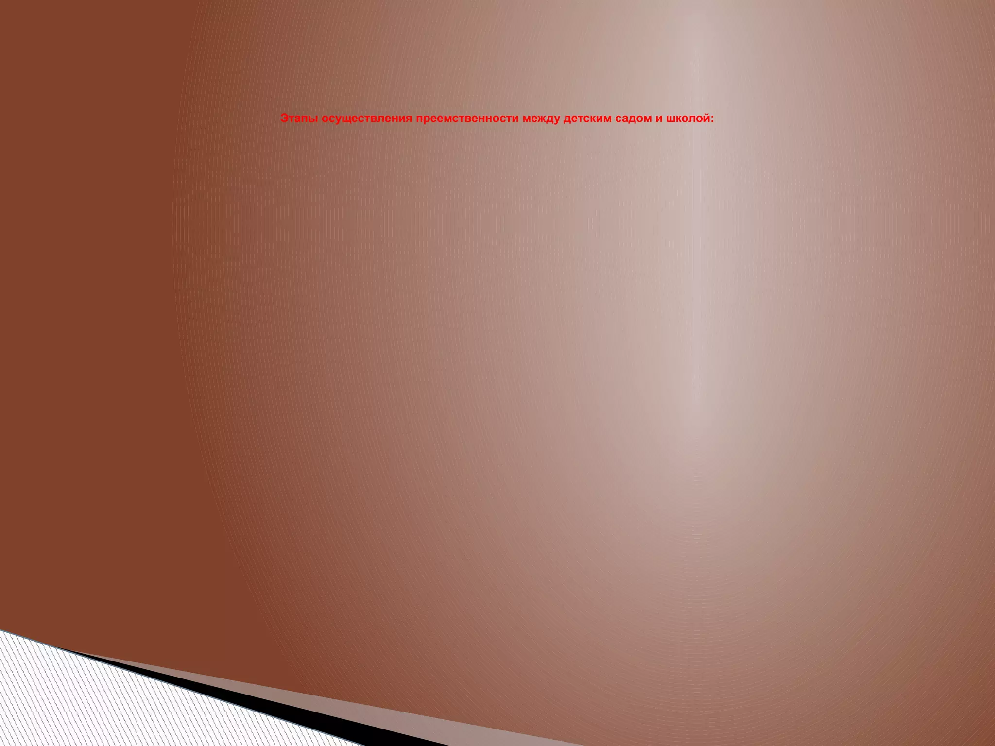Этапы осуществления преемственности между детским садом и школой:

 