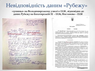 Невідповідність даним «Рубежу»
«зупинка» на Володимирському узвозі о 13:30 , відповідно до
даних Рубежу на Богатирській 32 - 13:36, Постанова – 13:30

 