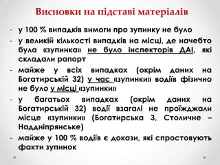 Висновки на підставі матеріалів
- у 100 % випадків вимоги про зупинку не було
- у великій кількості випадків на місці, де начебто
була «зупинка» не було інспекторів ДАІ, які
складали рапорт
- майже у всіх випадках (окрім даних на
Богатирській 32) у час «зупинки» водіїв фізично
не було у місці «зупинки»
- у
багатьох
випадках
(окрім
даних
на
Богатирській 32) водії взагалі не проїжджали
місце «зупинки» (Богатирська 3, Столичне –
Наддніпрянське)
- майже у 100 % водіїв є докази, які спростовують
факти зупинок

 
