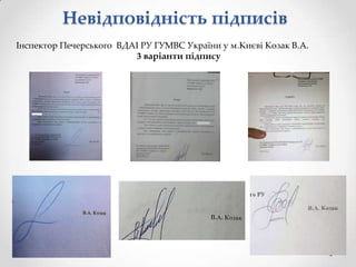 Невідповідність підписів
Інспектор Печерського ВДАІ РУ ГУМВС України у м.Києві Козак В.А.
3 варіанти підпису

 