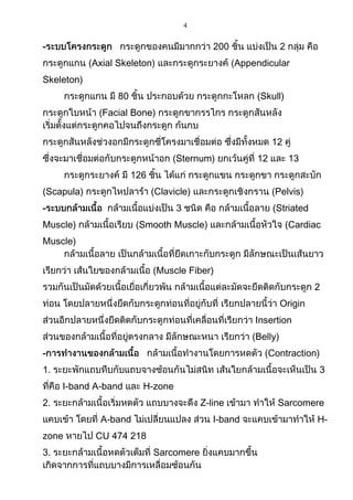 4
-
200
(Axial Skeleton)
2
(Appendicular
Skeleton)
80
(Skull)
(Facial Bone)
12
(Sternum)
12
13
126
(Scapula)
(Clavicle)
-
(Pelvis)
3
Muscle)
(Striated
(Smooth Muscle)
(Cardiac
Muscle)
(Muscle Fiber)
2
Origin
Insertion
(Belly)
-
(Contraction)
1.
3
I-band A-band
H-zone
2.
Z-line
A-band
zone
3.
I-band
CU 474 218
Sarcomere
Sarcomere
H-