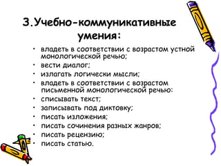 З.Учебно-коммуникативные
умения:
• владеть в соответствии с возрастом устной
монологической речью;
• вести диалог;
• излагать логически мысли;
• владеть в соответствии с возрастом
письменной монологической речью:
• списывать текст;
• записывать под диктовку;
• писать изложения;
• писать сочинения разных жанров;
• писать рецензию;
• писать статью.

 