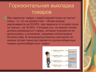 Горизонтальная выкладка
товаров
При переносе товара с самой нижней полки на третью
снизу - ту, что на уровне глаз, - объем продаж
увеличивается на 30-55%, при переносе со второй полки
на третью - на 10-20%. Учитывая это, на нижних полках
должны размещаться товары, которые покупаются не
импульсивно, а осознанно, например пятилитровые
бочонки пива. В непродовольственных магазинах на
нижних полках также выставляются крупногабаритные
товары крупногабаритные товары.

 
