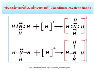 พันธะโคออร์ ดเนตโคเวเลนต์ ( Coordinate covalent Bond)
ิ
+

+

http://www.thefullwiki.org/Coordinate_covalent_bond

 