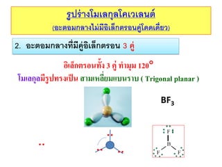 รู ปร่ างโมเลกุลโคเวเลนต์
(อะตอมกลางไม่ มีอเล็กตรอนคู่โดดเดี่ยว)
ิ

2. อะตอมกลางที่มีค่ ูอเล็กตรอน 3 คู่
ิ
อิเล็กตรอนทั้ง 3 คู่ ทามุม 120
โมเลกุลมีรูปทรงเป็ น สามเหลียมแบนราบ ( Trigonal planar )
่
BF3

 