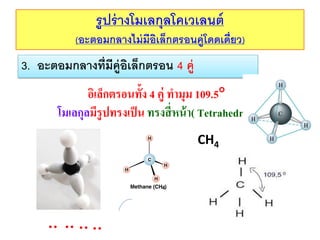 รู ปร่ างโมเลกุลโคเวเลนต์
(อะตอมกลางไม่ มีอเล็กตรอนคู่โดดเดี่ยว)
ิ

3. อะตอมกลางที่มีค่ ูอเล็กตรอน 4 คู่
ิ
อิเล็กตรอนทั้ง 4 คู่ ทามุม 109.5
โมเลกุลมีรูปทรงเป็ น ทรงสี่ หน้ า( Tetrahedral)
CH4

 