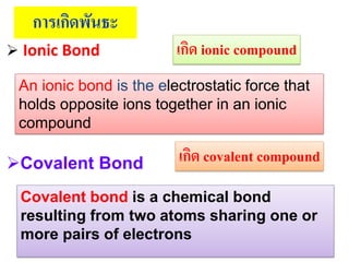 การเกิดพันธะ
 Ionic Bond

เกิด ionic compound

An ionic bond is the electrostatic force that
holds opposite ions together in an ionic
compound

Covalent Bond

เกิด covalent compound

Covalent bond is a chemical bond
resulting from two atoms sharing one or
more pairs of electrons

 