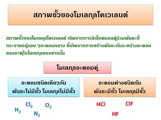 สภาพขัวของโมเลก ุลโคเวเลนต์
้
สภาพขัวของโมเลก ุลโคเวเลนต์ เกิดจากการอิเล็กตรอนคูรวมพันธะที่
้
่ ่
กระจายอยูรอบๆอะตอมกลาง ที่เกิดจากการสร้างพันธะกันระหว่างอะตอม
่
ของธาต ุในโมเลก ุลของสารนัน
้

โมเลก ุลอะตอมค ู่
อะตอมชนิดเดียวกัน
พันธะไม่มีขว โมเลก ุลไม่มีขว
ั้
ั้
H2

Cl2

O2
N2

อะตอมต่างชนิดกัน
พันธะมีขว โมเลก ุลมีขว
ั้
ั้
ClF

HCl
HF

 