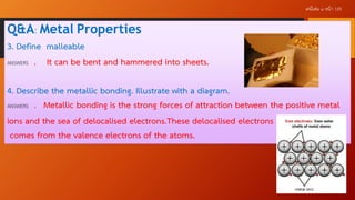 เคมีเล่ม ๑ หน้ า 125

Q&A: Metal Properties
3. Define malleable
ANSWERS . It can be bent and hammered into sheets.
4. Describe the metallic bonding. Illustrate with a diagram.
ANSWERS . Metallic bonding is the strong forces of attraction between the positive metal
ions and the sea of delocalised electrons.These delocalised electrons
comes from the valence electrons of the atoms.

 