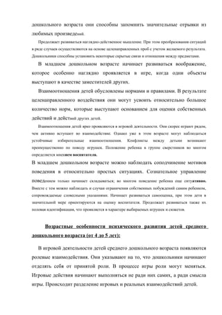 дошкольного возраста они способны запомнить значительные отрывки из
любимых произведений.
Продолжает развиваться наглядно-действенное мышление. При этом преобразования ситуаций
в ряде случаев осуществляются на основе целенаправленных проб с учетом желаемого результата.
Дошкольники способны установить некоторые скрытые связи и отношения между предметами.

В младшем дошкольном возрасте начинает развиваться воображение,
которое особенно наглядно проявляется в игре, когда одни объекты
выступают в качестве заместителей других.
Взаимоотношения детей обусловлены нормами и правилами. В результате
целенаправленного воздействия они могут усвоить относительно большое
количество норм, которые выступают основанием для оценки собственных
действий и действий других детей.
Взаимоотношения детей ярко проявляются в игровой деятельности. Они скорее играют рядом,
чем активно вступают во взаимодействие. Однако уже в этом возрасте могут наблюдаться
устойчивые

избирательные

взаимоотношения.

Конфликты

между

детьми

возникают

преимущественно по поводу игрушек. Положение ребенка в группе сверстников во многом
определяется мнением воспитателя.

В младшем дошкольном возрасте можно наблюдать соподчинение мотивов
поведения в относительно простых ситуациях. Сознательное управление
поведением

только начинает складываться; во многом поведение ребенка еще ситуативно.

Вместе с тем можно наблюдать и случаи ограничения собственных побуждений самим ребенком,
сопровождаемые словесными указаниями. Начинает развиваться самооценка, при этом дети в
значительной мере ориентируются на оценку воспитателя. Продолжает развиваться также их
половая идентификация, что проявляется в характере выбираемых игрушек и сюжетов.

Возрастные особенности психического развития детей среднего
дошкольного возраста (от 4 до 5 лет):
В игровой деятельности детей среднего дошкольного возраста появляются
ролевые взаимодействия. Они указывают на то, что дошкольники начинают
отделять себя от принятой роли. В процессе игры роли могут меняться.
Игровые действия начинают выполняться не ради них самих, а ради смысла
игры. Происходит разделение игровых и реальных взаимодействий детей.

 