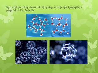 Ջրի մոլեկուլները ձգում են միմյանց, ուստի ջրի կաթիլներն
ընդունեւմ են գնդի ձև:

 