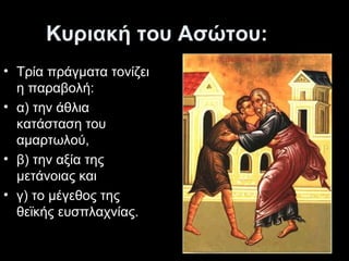 Κυριακή του Ασώτου:
• Τρία πράγματα τονίζει 
η παραβολή:
• α) την άθλια 
κατάσταση του 
αμαρτωλού,
• β) την αξία της 
μετάνοιας και
• γ) το μέγεθος της 
θεϊκής ευσπλαχνίας.

 