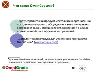 Что такое ОмниСорсинг?

_________
*для компаний и организаций, не являющихся участниками OmniVision,
оказывается содействие по вступлению в программу
OmniGrade
Creating confidence!

18

 