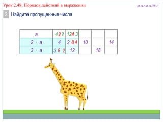 Урок 2.48. Порядок действий в выражении

МАТЕМАТИКА

2 Найдите пропущенные числа.
а

2 · а
3 · а

4 2 2 124: 3
:
4 2 ·8 4 10
3 6 2 12
·

14
18

 