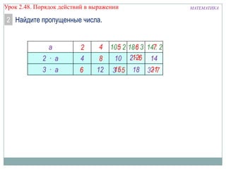 Урок 2.48. Порядок действий в выражении

2 Найдите пропущенные числа.
а

2 · а
3 · а

2
4
6

4

105 2 18 6 3 147: 2
:
:
·
10 2126 14
8
15
12 3 · 5 18 3217
·

МАТЕМАТИКА

 