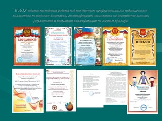 В ДОУ ведется постоянная работа над повышением профессионализма педагогического
коллектива по освоению инноваций, мотивированию коллектива на достижение высоких
результатов и повышение квалификации на личном примере.

 