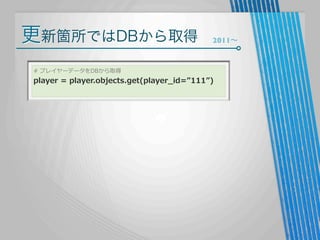 更新箇所ではDBから取得
#  プレイヤーデータをDBから取得

2011∼

player  =  player.objects.get(player_̲id=”111”)

 