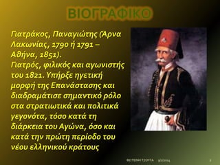 Γιατράκοσ, Παναγιώτησ (Άρνα
Λακωνίασ, 1790 ή 1791 –
Αθήνα, 1851).
Γιατρόσ, φιλικόσ και αγωνιςτήσ
του 1821. Υπήρξε ηγετική
μορφή τησ Επανάςταςησ και
διαδραμάτιςε ςημαντικό ρόλο
ςτα ςτρατιωτικά και πολιτικά
γεγονότα, τόςο κατά τη
διάρκεια του Αγώνα, όςο και
κατά την πρώτη περίοδο του
νέου ελληνικού κράτουσ
ΦΩΤΕΙΝΗ ΤΣΟΥΓΑ

9/2/2014

2

 