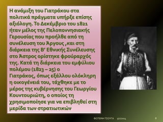 Η ανϊμιξη του Γιατρϊκου ςτα
πολιτικϊ πρϊγματα υπόρξε επύςησ
αξιόλογη. Το Δεκϋμβριο του 1821
όταν μϋλοσ τησ Πελοποννηςιακόσ
Γερουςύασ που προόλθε από τη
ςυνϋλευςη του Άργουσ ,και ςτη
διϊρκεια τησ Β’ Εθνικόσ Συνϋλευςησ
ςτο Άςτροσ ορύςτηκε φρούραρχόσ
τησ. Κατϊ τη διϊρκεια του εμφύλιου
πολϋμου (1823 – 25) ο
Γιατρϊκοσ, όπωσ εξϊλλου ολόκληρη
η οικογϋνειϊ του, τϊχθηκε με το
μϋροσ τησ κυβϋρνηςησ του Γεωργύου
Κουντουριώτη, ο οπούοσ τη
χρηςιμοπούηςε για να επιβληθεύ ςτη
μερύδα των ςτρατιωτικών.
ΦΩΤΕΙΝΗ ΤΣΟΥΓΑ

9/2/2014

8

 