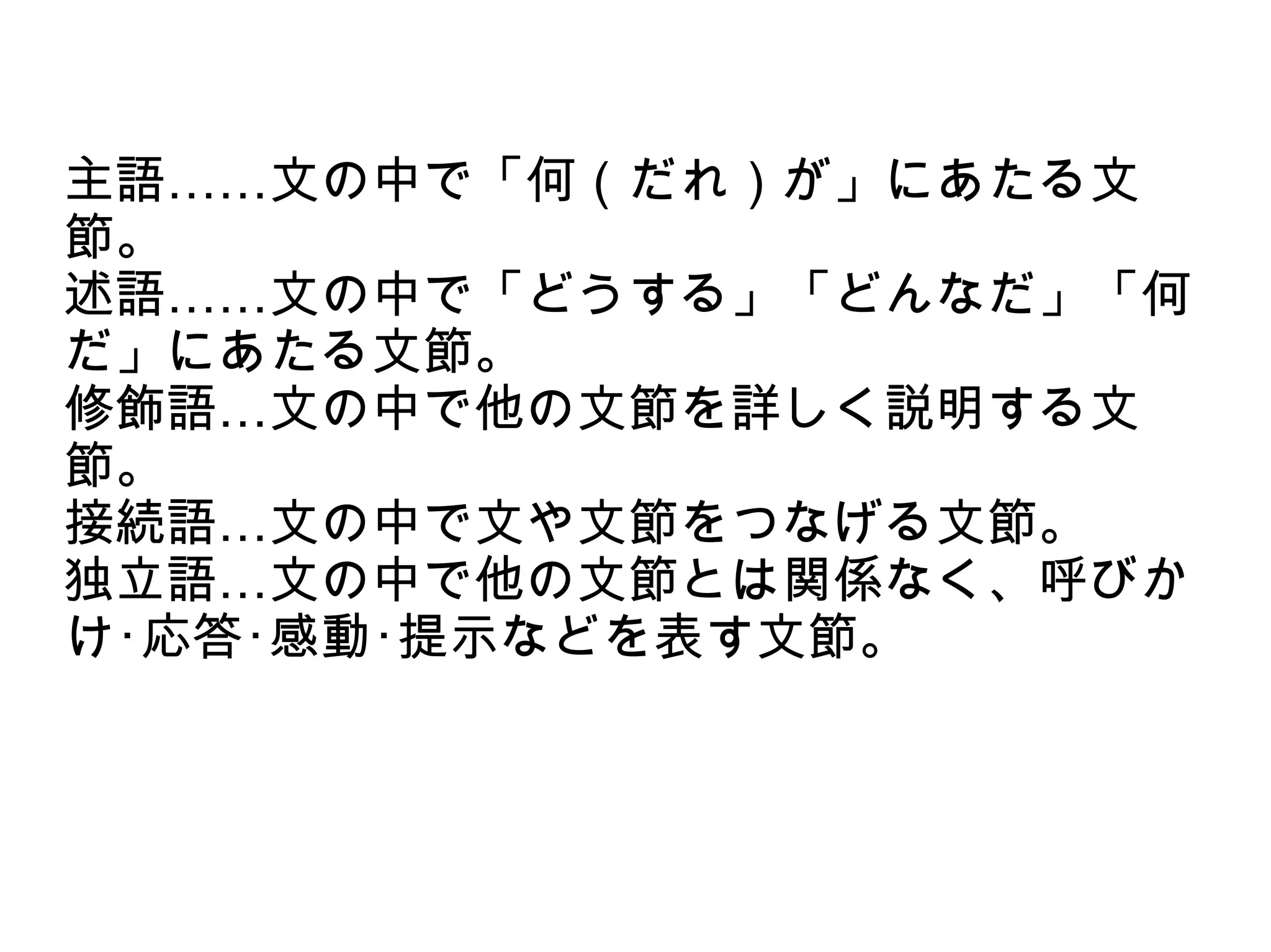 主語……文の中で「何（だれ）が」にあたる文
節。
述語……文の中で「どうする」「どんなだ」「何
だ」にあたる文節。
修飾語…文の中で他の文節を詳しく説明する文
節。
接続語…文の中で文や文節をつなげる文節。
独立語…文の中で他の文節とは関係なく、呼びか
け･応答･感動･提示などを表す文節。

 
