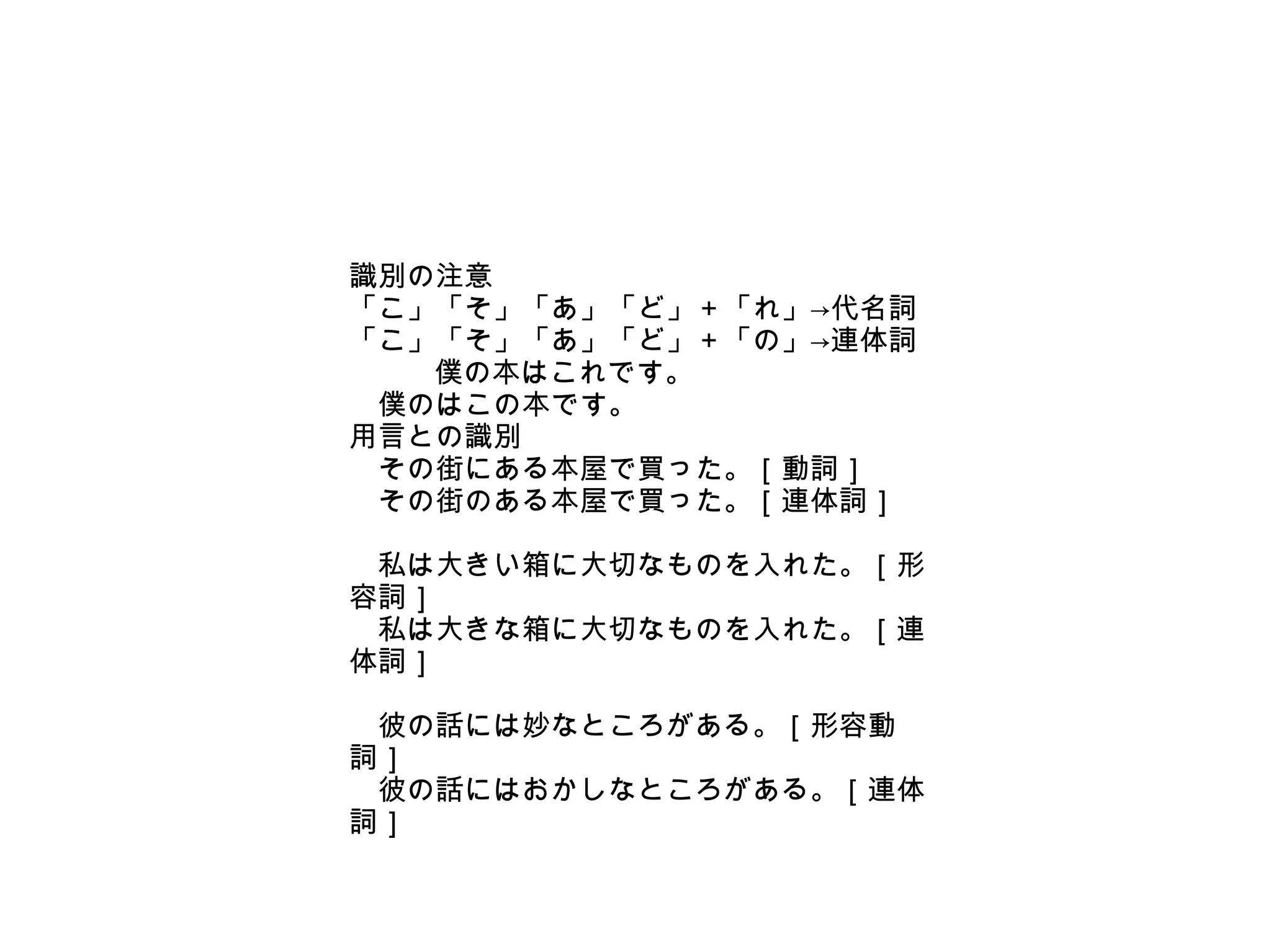 識別の注意
「こ」「そ」「あ」「ど」＋「れ」→代名詞
「こ」「そ」「あ」「ど」＋「の」→連体詞
　 　僕の本はこれです。
　僕のはこの本です。
用言との識別
　その街にある本屋で買った。［動詞］
　その街のある本屋で買った。［連体詞］
　私は大きい箱に大切なものを入れた。［形
容詞］
　私は大きな箱に大切なものを入れた。［連
体詞］
　彼の話には妙なところがある。［形容動
詞］
　彼の話にはおかしなところがある。［連体
詞］

 