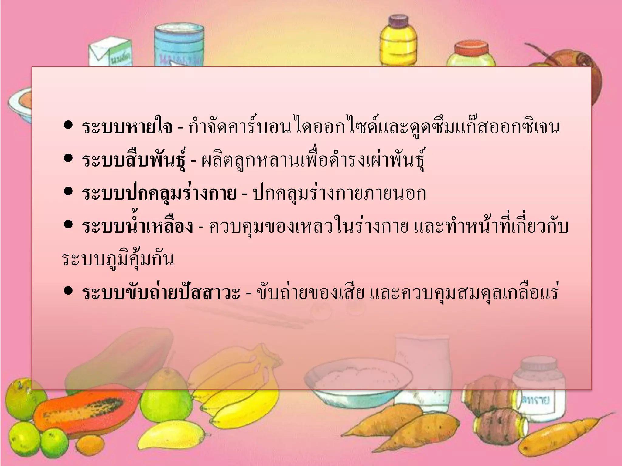 • ระบบหายใจ - กาจัดคาร์บอนไดออกไซด์และดูดซึมแก๊สออกซิเจน
• ระบบสืบพันธุ์ - ผลิตลูกหลานเพื่อดารงเผ่าพันธุ์
• ระบบปกคลุมร่างกาย - ปกคลุมร่างกายภายนอก
• ระบบน้าเหลือง - ควบคุมของเหลวในร่างกาย และทาหน้าที่เกี่ยวกับ
ระบบภูมิคุ้มกัน
• ระบบขับถ่ายปัสสาวะ - ขับถ่ายของเสีย และควบคุมสมดุลเกลือแร่

 