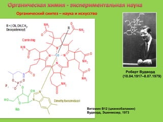 Органический синтез – наука и искусство

Роберт Вудворд
(10.04.1917–8.07.1979)

Витамин В12 (цианкобаламин)
Вудворд, Эшенмозер, 1973

 