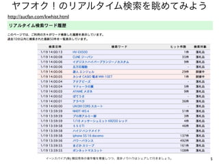 ヤフオク！のリアルタイム検索を眺めてみよう
http://aucfan.com/kwhist.html

イーンスパイア(株) 横田秀珠の著作権を尊重しつつ、是非ノウハウはシェアして行きましょう。

5

 