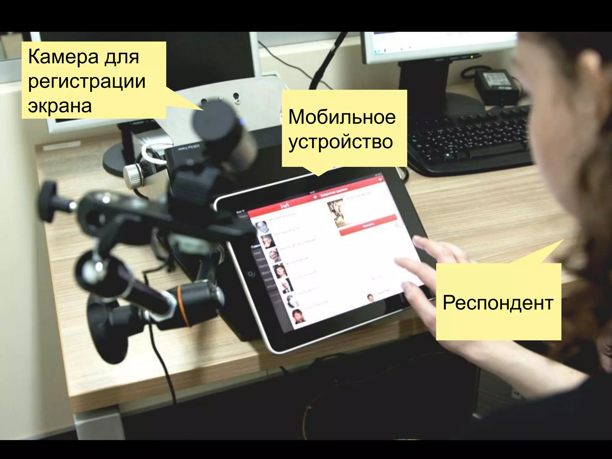 Камера для
регистрации
экрана

Мобильное
устройство

Респондент

 