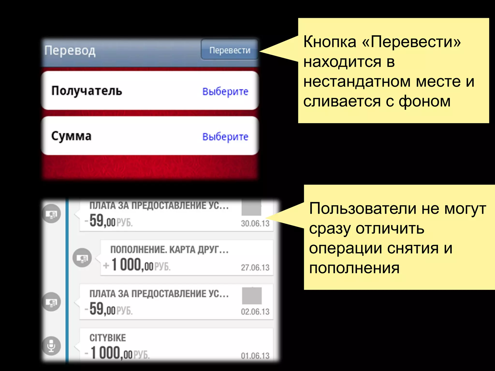 Кнопка «Перевести»
находится в
нестандатном месте и
сливается с фоном

Пользователи не могут
сразу отличить
операции снятия и
пополнения

 