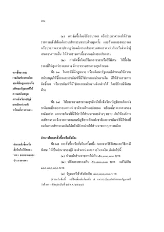 ๕๒

การซื้อยา และ
เวชภัณฑจากหนวย
งานที่มีกฎหมายหรือ
มติคณะรัฐมนตรีให
ความสนับสนุน
การแจงเวียนบัญชี
ยาหลักแหงชาติ
พรอมทั้งราคากลาง

อํานาจสั่งซื้อหรือ
สังจางในวิธีตกลง
่
ราคา สอบราคา และ
ประกวดราคา

(๑) การจัดซื้อโดยวิธีสอบราคา หรือประกวดราคาใหสวน
ราชการแจงใหองคการเภสัชกรรมทราบดวยทุกครั้ง และถาผลการสอบราคา
หรือประกวดราคาปรากฏวาองคการเภสัชกรรมเสนอราคาเทากันหรือตํ่ากวาผู
เสนอราคารายอื่น ใหสวนราชการซื้อจากองคการเภสัชกรรม
(๒) การจัดซื้อโดยวิธีตกลงราคาหรือวิธีพิเศษ ใหซื้อใน
ราคาที่ไมสูงกวาราคากลาง ที่กระทรวงสาธารณสุขกําหนด
ขอ ๖๓ ในกรณีที่มีกฎหมาย หรือมติคณะรัฐมนตรีกําหนดใหความ
สนับสนุนใหซื้อยาและเวชภัณฑที่มิใชยาจากหนวยงานใด ก็ใหสวนราชการ
จัดซื้อยา หรือเวชภัณฑที่มิใชยาจากหนวยงานดังกลาวได โดยวิธีกรณีพิเศษ
ดวย
ขอ ๖๔ ใหกระทรวงสาธารณสุขมีหนาที่แจงเวียนบัญชียาหลักแหง
ชาติตามที่คณะกรรมการแหงชาติทางดานยากําหนด พรอมทั้งราคากลางของ
ยาดังกลาว และเวชภัณฑที่มิใชยาใหสวนราชการตางๆ ทราบ กับใหองคการ
เภสัชกรรมแจงรายการยาตามบัญชียาหลักแหงชาติและเวชภัณฑที่มิใชยาที่
องคการเภสัชกรรมผลิตไดหรือมีจําหนายใหสวนราชการๆ ทราบดวย
อํานาจในการสั่งซื้อหรือสั่งจาง
ขอ ๖๕ การสั่งซื้อหรือสั่งจางครั้งหนึ่ง นอกจากวิธีพิเศษและวิธีกรณี
พิเศษ ใหเปนอํานาจของผูดํารงตําแหนงและภายในวงเงิน ดังตอไปนี้
(๑) หัวหนาสวนราชการไมเกิน ๕๐,๐๐๐,๐๐๐ บาท
(๒) ปลัดกระทรวงเกิน ๕๐,๐๐๐,๐๐๐ บาท แตไมเกิน
๑๐๐,๐๐๐,๐๐๐ บาท
(๓) รัฐมนตรีเจาสังกัดเกิน ๑๐๐,๐๐๐,๐๐๐ บาท
(ความในขอนี้ แกไขเพิ่มเติมโดยขอ ๕ แหงระเบียบสํานักนายกรัฐมนตรี
วาดวยการพัสดุ (ฉบับที่ ๒) พ.ศ. ๒๕๓๘)

 