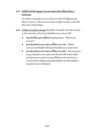 6.2.5 จัดใหมีเจาหนาที่ควบคุมดูแล / อํานวยความสะดวกในการใชอุปกรณตางๆ
ในวันประชุม
เจาภาพจัดการประชุมจะตองประสานงานกับโรงแรม หรือเจาหนาที่ผูดูแลอุปกรณ
ใหประจํา ณ จุดตางๆ เพื่อคอยอํานวยความสะดวกแกผูเขารวมประชุม และชวยแกไข
ไดอยางทันทวงทีเมื่อเกิดปญหา
6.2.6 ดําเนินการภายหลังการประชุม เมื่อเสร็จสิ้นการประชุมแลว เจาภาพจัดการประชุม
ควรพิจารณาดําเนินการเกี่ยวกับอุปกรณและสิ่งอํานวยความสะดวก ดังนี้
•
•
•

วัสดุเหลือใชและอุปกรณที่นํามาจากสวนราชการ – ใหจัดเก็บกลับ
สวนราชการ
อุปกรณและสิ่งอํานวยความสะดวกที่ไดมาจากการเชา – ใหติดตอ
ประสานงานกับบริษทผูใหเชาเพื่อรับอุปกรณและสิ่งอํานวยความสะดวกกลับ
ั
อุปกรณและสิ่งอํานวยความสะดวกที่ไดมาจากการยืม - ใหตรวจสอบสภาพ
ของอุปกรณและสิ่งอํานวยความสะดวกเหลานั้น หลังจากนั้น ดําเนินการสงคืน
อุปกรณแกสวนราชการ /หนวยงานภายนอกที่ใหยมอุปกรณ สําหรับหนวยงาน
ื
ภายนอกควรจัดทําหนังสือตอบขอบคุณพรอมสงคืนอุปกรณ หรือทําหนังสือตอบ
ขอบคุณในภายหลัง ตามทีเห็นสมควร
่

32/36

 