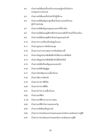 ซ.4

ตัวอยางหนังสือแตงตั้งองคประกอบคณะผูแทนไทยในการ
ประชุมระหวางประเทศ

ซ.5

ตัวอยางหนังสือแตงตั้งเจาหนาที่ปฏิบติงาน
ั

ซ.6

ตัวอยางหนังสือเชิญประชุมเพื่อนําไปประกอบขอวีซาของ

ผูเขารวมประชุม

ซ.7

ตัวอยางหนังสือเชิญประชุมและเอกสารที่เกี่ยวของ

ซ.8

ตัวอยางหนังสือขออนุมัติกรณีเบิกจายนอกเหนือที่กําหนดไวในระเบียบ

ซ.9

ตัวอยางหนังสือขออนุมัติเชาหองประชุมและอุปกรณ

ซ.10

ตัวอยางตารางเปรียบเทียบขอมูลโรงแรม

ซ.11

ตัวอยางรูปแบบการจัดหองประชุม

ซ.12

ตัวอยางรายการตรวจสอบการเตรียมจัดสถานที่

ซ.13

ตัวอยางขอมูลประชาสัมพันธสําหรับสื่อประเภทสิ่งพิมพ

ซ.14

ตัวอยางขอมูลประชาสัมพันธสําหรับสื่อโสตทัศน

ซ.15

ตัวอยางหนังสือเรียนเชิญและแบบตอบรับ

ซ.16

ตัวอยางหนังสือเชิญผูพูด

ซ.17

ตัวอยางบัตรเชิญรวมงานเลียงรับรอง
้

ซ.18

ตัวอยางขอความติดผนัง

ซ.19

ตัวอยางคํากลาวพิธีเปด

ซ.20

ตัวอยางคํากลาวพิธีปด

ซ.21

ตัวอยางคํากลาวงานเลี้ยงรับรอง

ซ.22

ตัวอยางบทพิธีกร

ซ. 23

ตัวอยางบทพิธีกรบรรยายการแสดง

ซ.24

ตัวอยางบทพิธีกรในการมอบของขวัญ

ซ.25

ตัวอยางหนังสือขอยืมอุปกรณ

ซ.26

ตัวอยางการประเมินแบบกําหนดคะแนนตามระดับความเขมของความรูสึก

ซ.27

ตัวอยางการประเมินแบบกําหนดระดับความเขมของความรูสึก

(3)

 