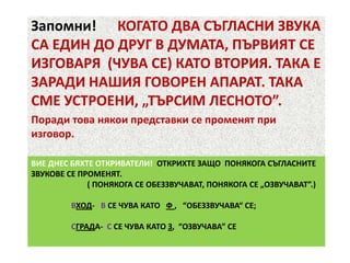 Запомни! КОГАТО ДВА СЪГЛАСНИ ЗВУКА
СА ЕДИН ДО ДРУГ В ДУМАТА, ПЪРВИЯТ СЕ
ИЗГОВАРЯ (ЧУВА СЕ) КАТО ВТОРИЯ. ТАКА Е
ЗАРАДИ НАШИЯ ГОВОРЕН АПАРАТ. ТАКА
СМЕ УСТРОЕНИ, „ТЪРСИМ ЛЕСНОТО”.
Поради това някои представки се променят при
изговор.
ВИЕ ДНЕС БЯХТЕ ОТКРИВАТЕЛИ! ОТКРИХТЕ ЗАЩО ПОНЯКОГА СЪГЛАСНИТЕ
ЗВУКОВЕ СЕ ПРОМЕНЯТ.
( ПОНЯКОГА СЕ ОБЕЗЗВУЧАВАТ, ПОНЯКОГА СЕ „ОЗВУЧАВАТ”.)
ВХОД- В СЕ ЧУВА КАТО Ф , “ОБЕЗЗВУЧАВА“ СЕ;
СГРАДА- С СЕ ЧУВА КАТО З, “ОЗВУЧАВА” СЕ

 