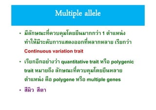 Multiple allele
• มีลกษณะทีควบคุมโดยยีนมากกว่า 1 ตําแหน่ ง
ั
ทําให้มีระดับการแสดงออกทีหลากหลาย เรียกว่า
Continuous variation trait
• เรียกอีกอย่างว่า quantitative trait หรือ polygenic
trait หมายถึง ลักษณะทีควบคุมโดยยีนหลาย
ตําแหน่ ง คือ polygene หรือ multiple genes
• สีผิว สีตา

 
