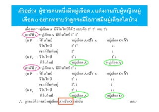 ตัวอย่ าง ผู้ชายคนหนึงมีหมู่เลือด A แต่ งงานกับผู้หญิงหมู่
เลือด O อยากทราบว่ าลูกจะมีโอกาสมีหมู่เลือดใดบ้ าง

 