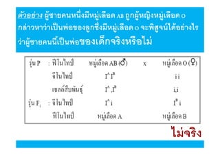ตัวอย่ าง ผู้ชายคนหนึงมีหมู่เลือด AB ถูกผู้หญิงหมู่เลือด O
กล่ าวหาว่ าเป็ นพ่ อของลูกซึงมีหมู่เลือด O จะพิสูจน์ ได้ อย่ างไร
ว่ าผู้ชายคนนีเป็ นพ่ อของเด็กจริ งหรื อไม่

ไม่ จริง

 