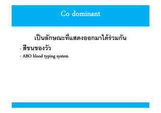 Co dominant
เป็ นลักษณะทีแสดงออกมาได้ ร่วมกัน
- สีขนของวัว
- ABO blood typing system

 