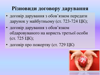Різновиди договору дарування
• договір дарування з обов’язком передати
дарунок у майбутньому (ст. 723-724 ЦК);
• договір дарування з обов’язком
обдаровуваного на користь третьої особи
(ст. 725 ЦК);
• договір про пожертву (ст. 729 ЦК)

 