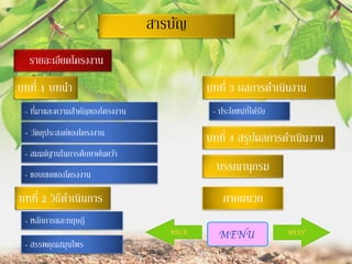 สารบัญ
รายละเอียดโครงงาน

บทที่ 1 บทนา
่
- ทีมาและความสาคัญของโครงงาน

- วัตถุประสงค์ของโครงงาน

บทที่ 3 ผลการดาเนินงาน
่ี ั
- ประโยชน์ทได้รบ

บทที่ 4 สรุปผลการดาเนินงาน

- สมมติฐานในการศึกษาค้นคว้า
- ขอบเขตของโครงงาน

บทที่ 2 วิธีดาเนินการ
- หลักการและทฤษฎี
- สรรพคุณสมุนไพร

บรรณานุกรม
ภาคผนวก

 